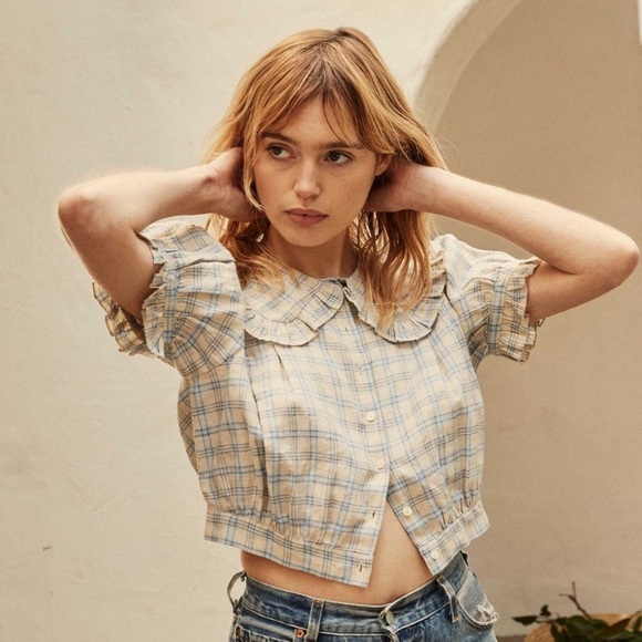 NWT Doen Sparrow Ramie Ruffle Collar Button Crop Top Meadowlark Plaid Blue - Picture 2 of 12